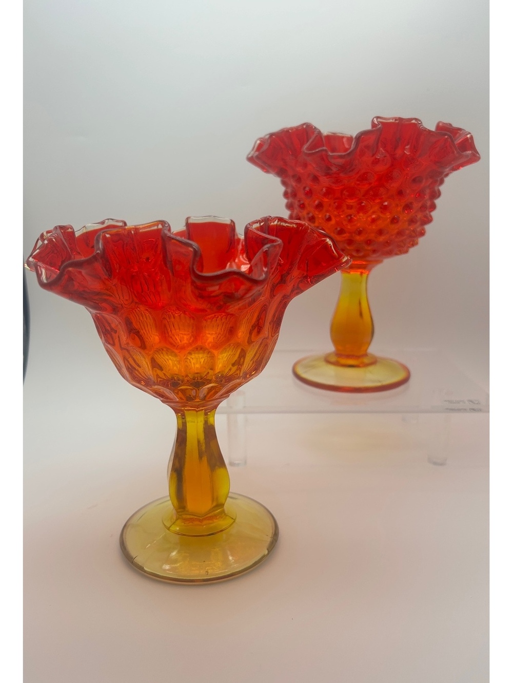 Pair of Fenton Amberina Ruffled Compotes-Thumbprint & Hobnail